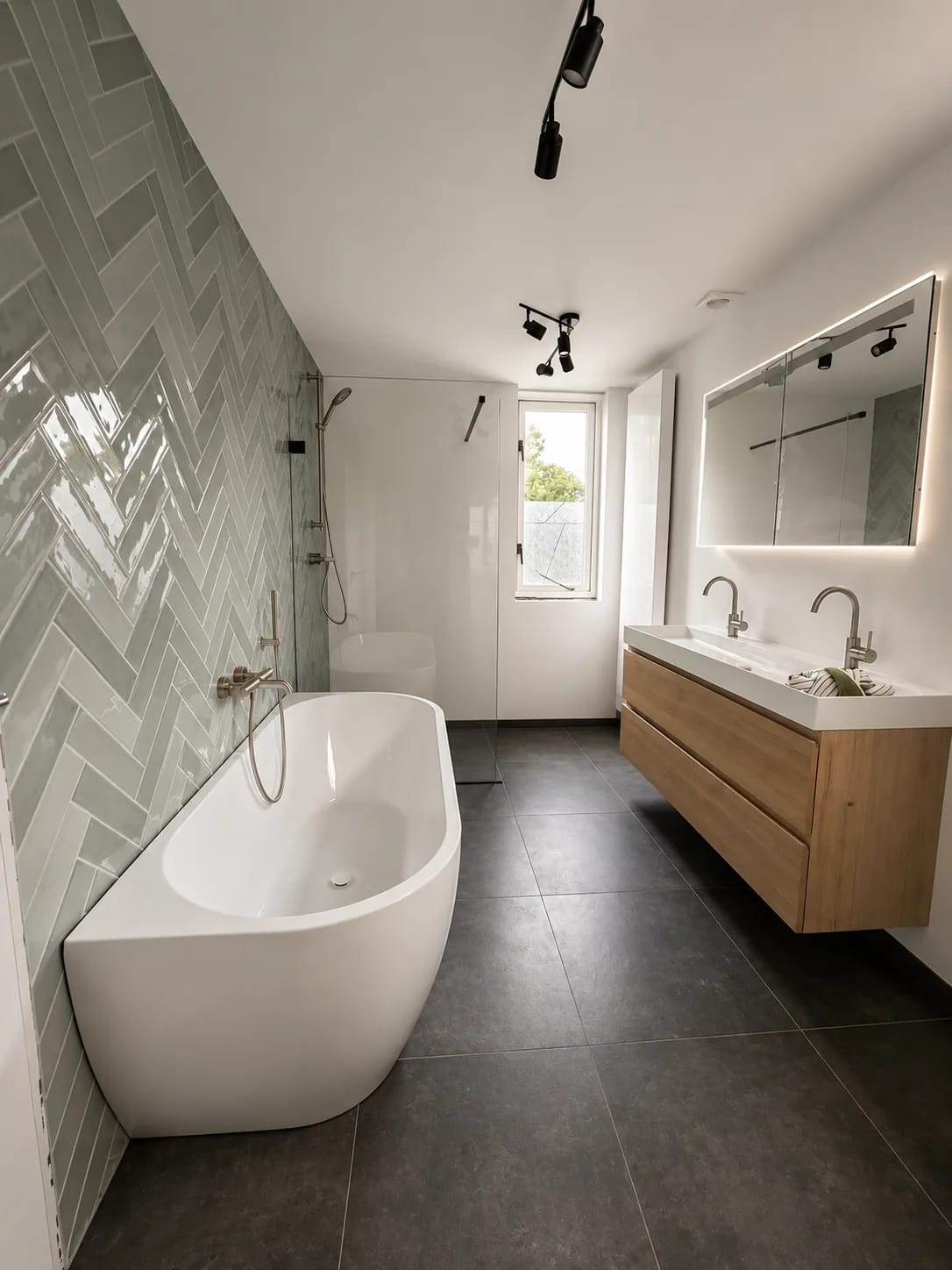 Badkamer met vrijstaand bad, groen visgraattegelwerk en een houten wastafelmeubel